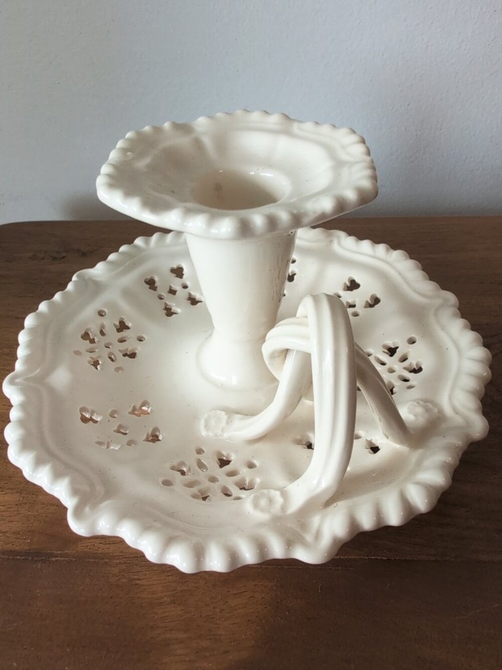 Vintage Royal Creamware Twisted Handle Wee Willie Pierced Candle Holder Cottage